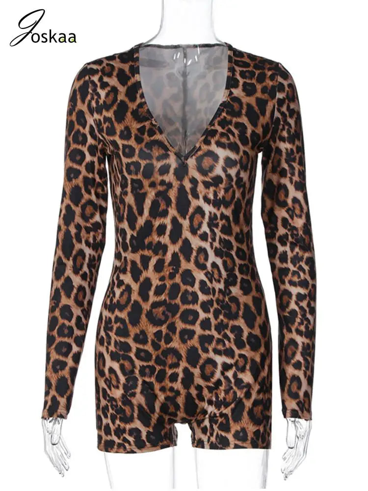 Women's Leopard Print Long Sleeve Bodycon Romper Leopard Print – Back View