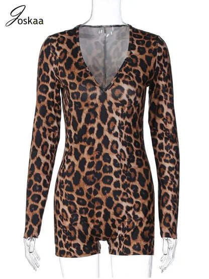 Women's Leopard Print Long Sleeve Bodycon Romper Leopard Print – Back View