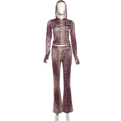 Joskaa Snake Print Zip Up Long Sleeve Crop Two Piece Set - two piece set image 5