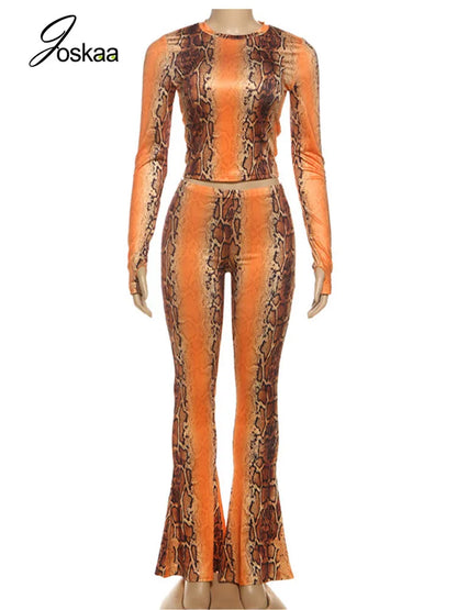 Women's Snake Print Long Sleeve Crop Two Piece Set Orange – Back View
