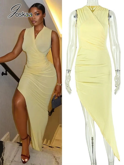 Women's Ruched V-neck Sleeveless One Shoulder Maxi Dress - Women's Fashion Wholesale - Front View