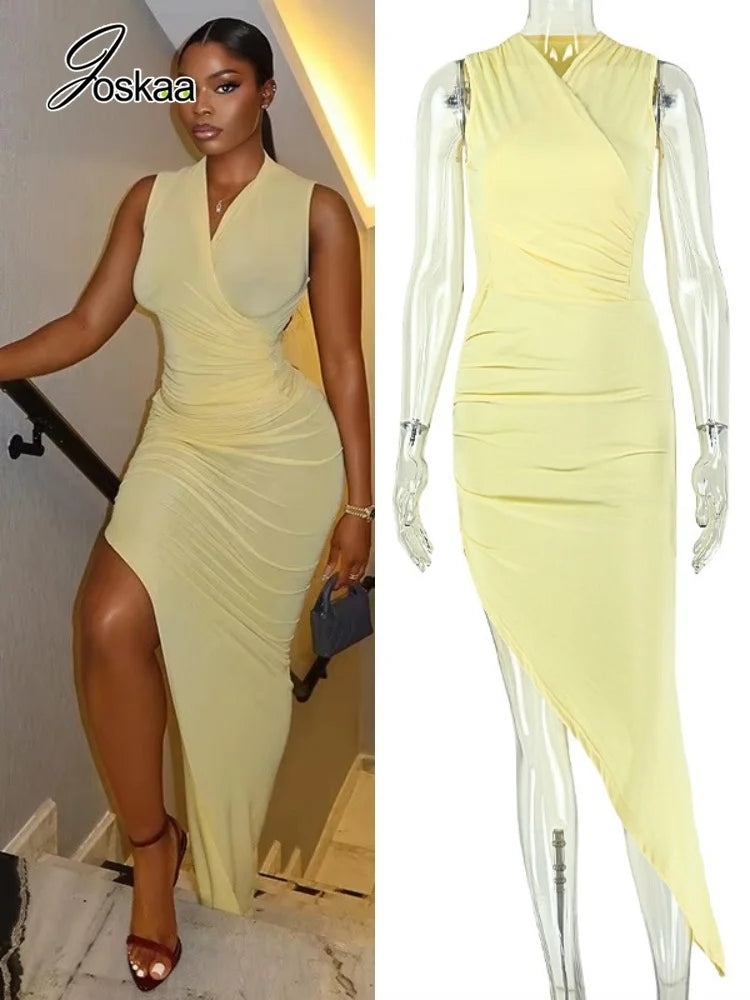 Women's Ruched V-neck Sleeveless One Shoulder Maxi Dress - Women's Fashion Wholesale - Front View