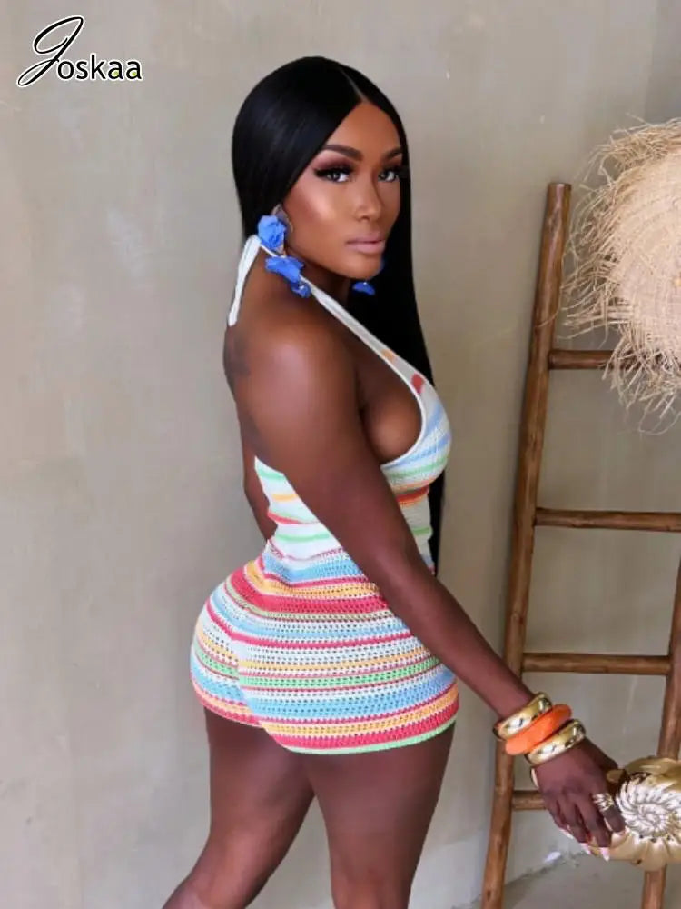 Women's Stripe Knit Backless Two Piece Set Light Green – Back View