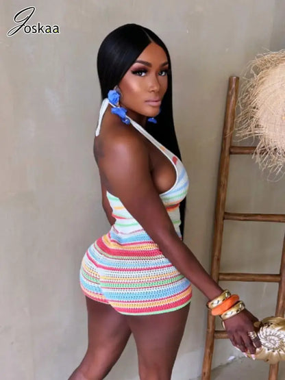 Women's Stripe Knit Backless Two Piece Set Light Green – Back View