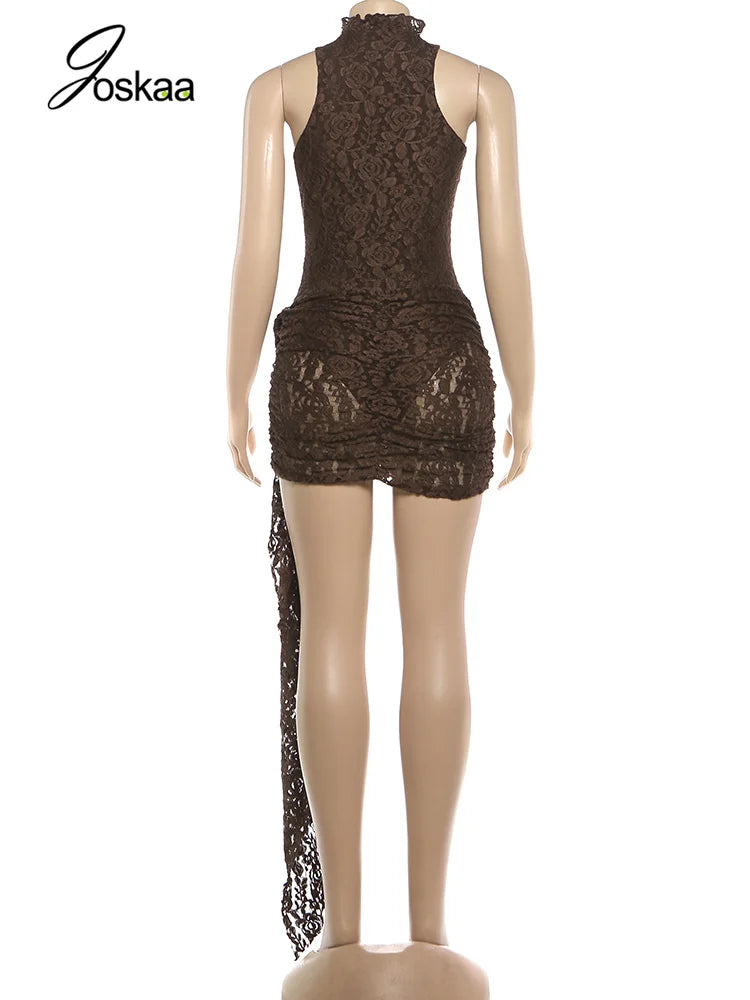 Women's Lace Sleeveless Bodycon Mini Dress Coffee – Detail View