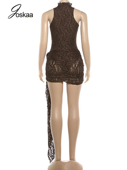 Women's Lace Sleeveless Bodycon Mini Dress Coffee – Detail View