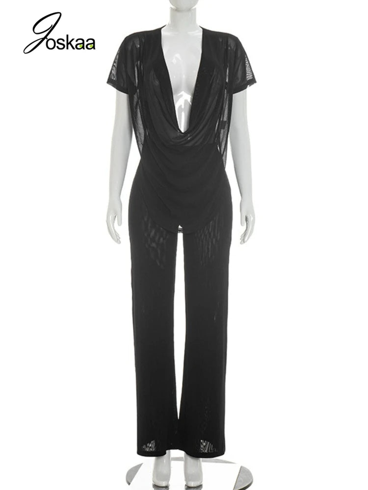 Women's Mesh Flare Deep V-neck Two Piece Set Black – Back View