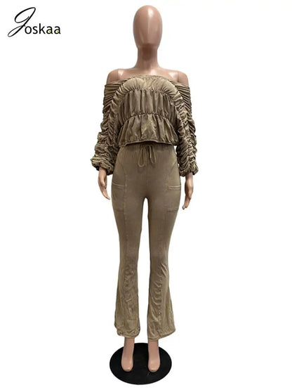 Women's Ruched Long Sleeve Crop Two Piece Set Apricot – Detail View
