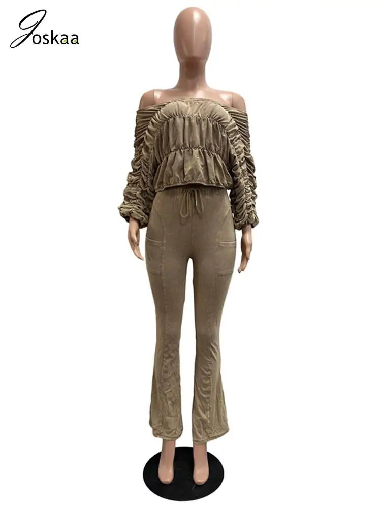 Women's Ruched Long Sleeve Crop Two Piece Set Apricot – Detail View