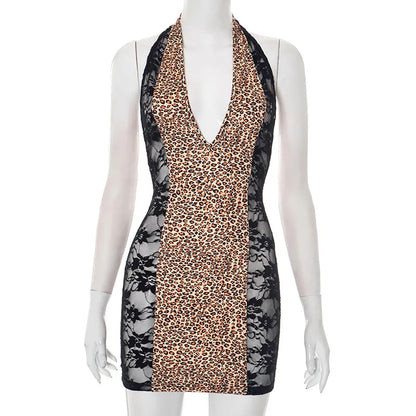 Women's Leopard Print Lace Backless Mini Dress