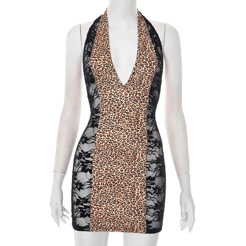 Women's Leopard Print Lace Backless Mini Dress