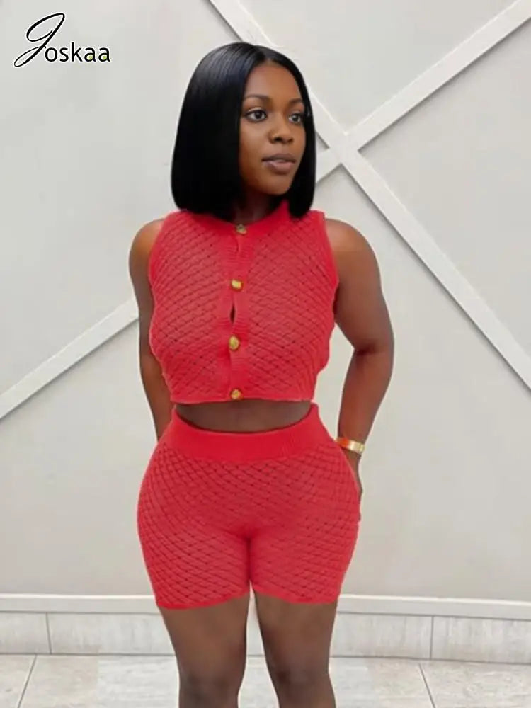 Women's Knit Sleeveless Ribbed Two Piece Set Orange Red – Front View