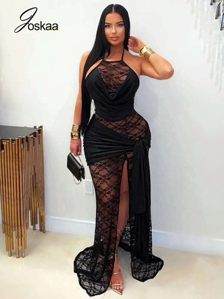 Women's Mesh Lace Ruched Backless Maxi Dress - Front View