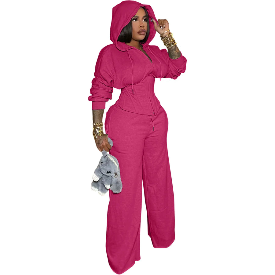 Women's Long Sleeve Zip Hooded Wide Two Piece Set