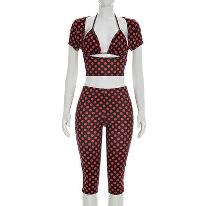 Joskaa Polka Dot Halter Short Sleeve Crop Two Piece Set - two piece set image 5