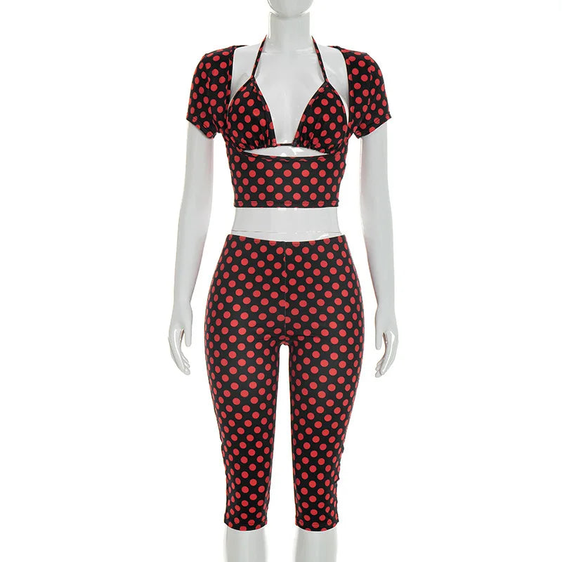 Joskaa Polka Dot Halter Short Sleeve Crop Two Piece Set - two piece set image 5