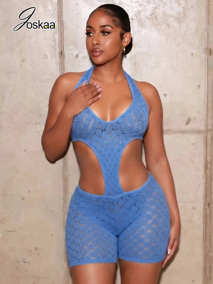 Women's Ribbed Knit Backless Cutout Halter Romper - Front View