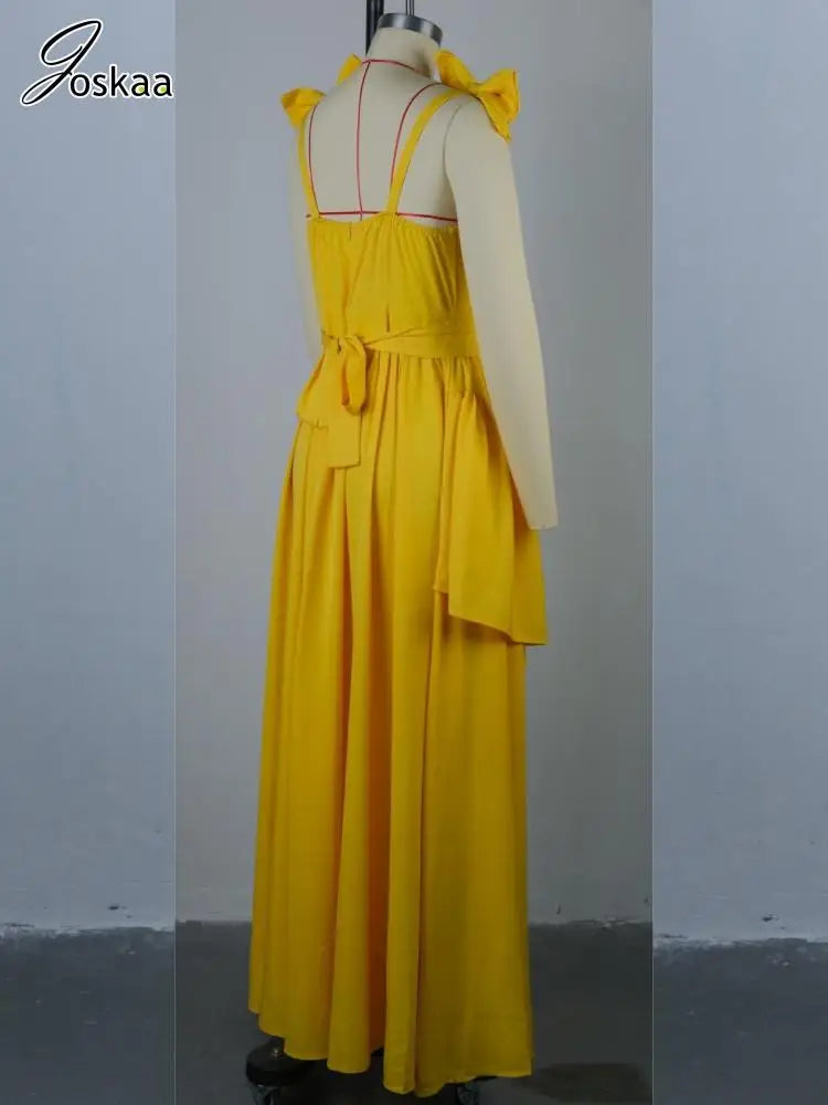 Wholesale Women's Bow Tie Neck Maxi Dress Lemon Yellow – Detail View