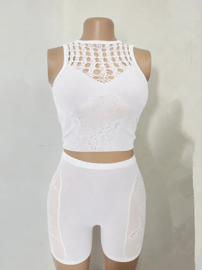 Women's Mesh Cutout Two Piece Set Print Hollow - Detail View 8