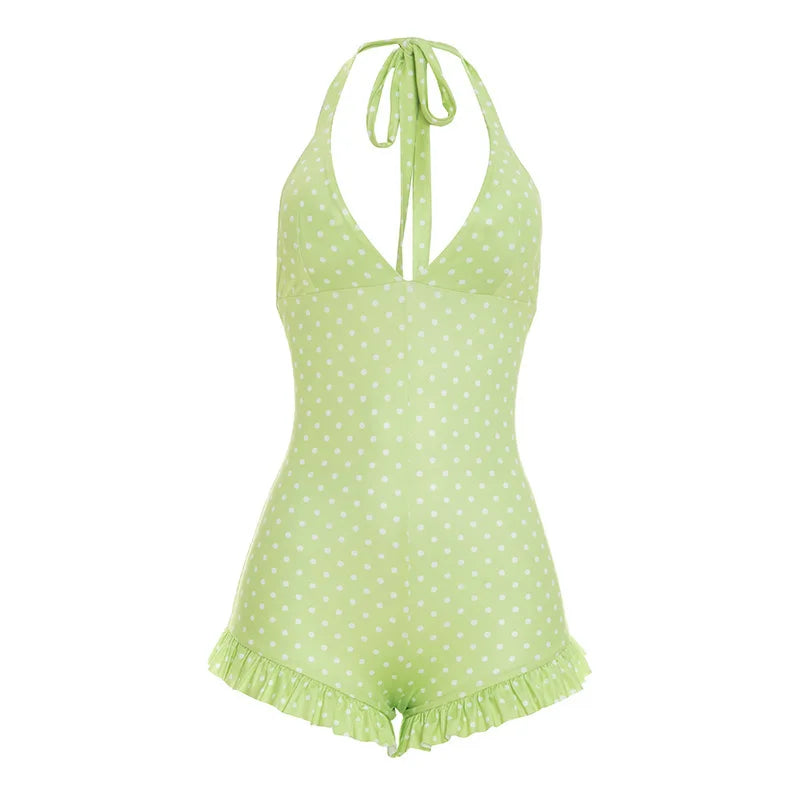 Women's Polka Dot Backless V-neck Halter Romper - Additional View 7