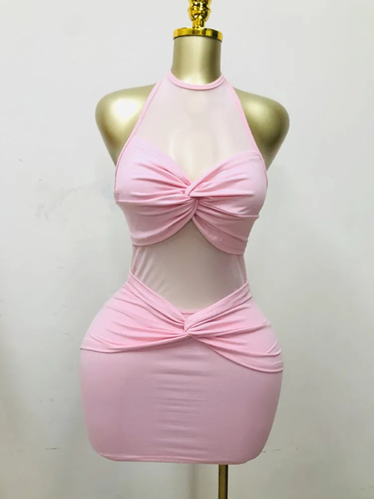 Women's Mesh Backless Halter Bodycon Mini Dress