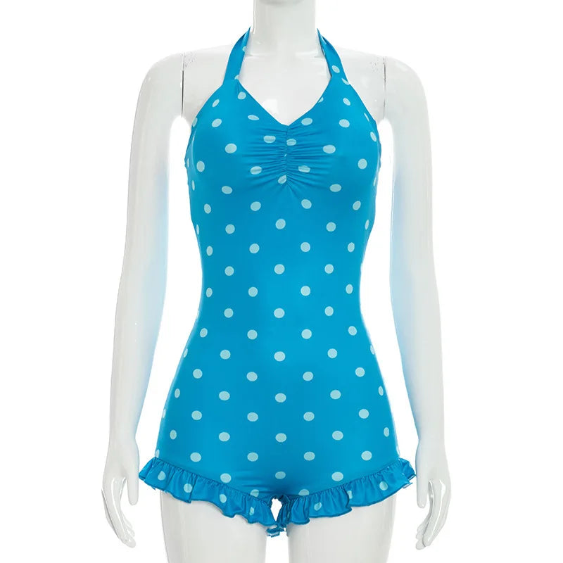 Women's Polka Dot Ruched V-neck Halter Romper