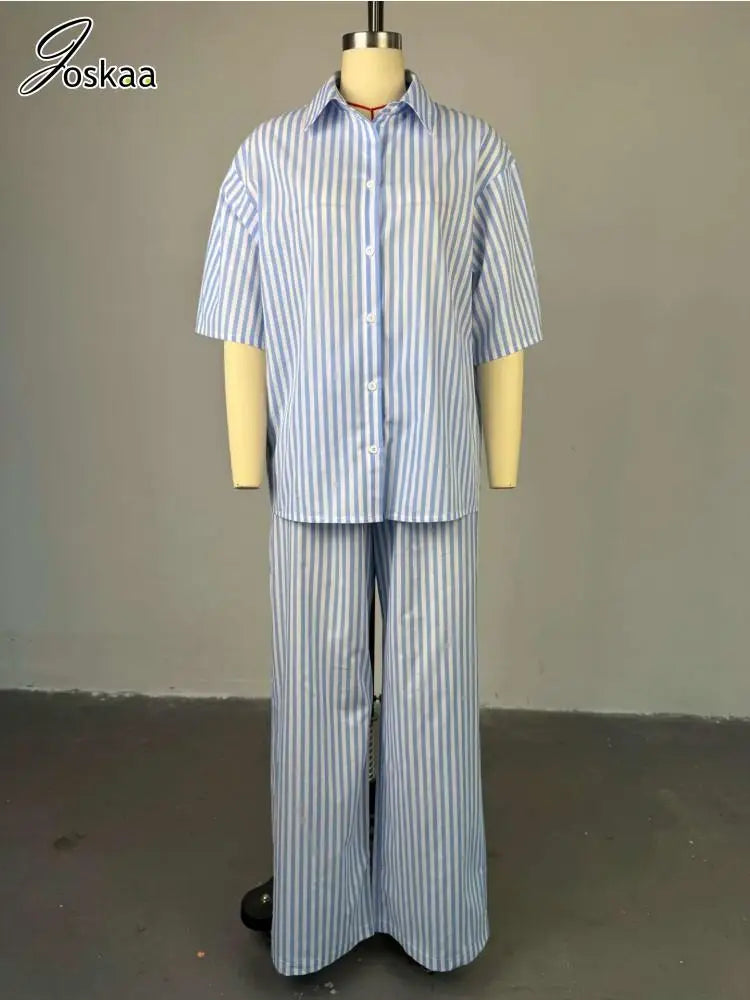 Women's Stripe Short Sleeve Flare Two Piece Set Blue – Back View
