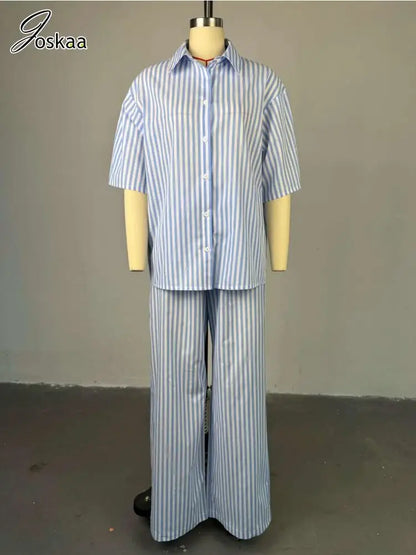 Women's Stripe Short Sleeve Flare Two Piece Set Blue – Back View