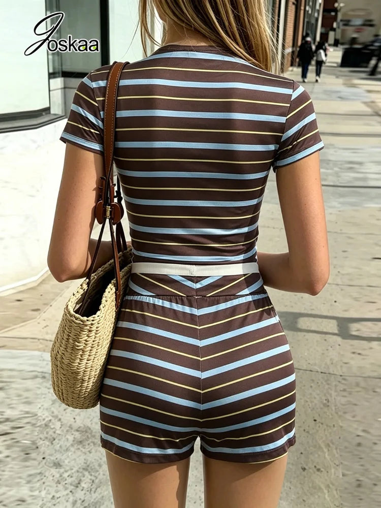 Women's Stripe Short Sleeve Crop Two Piece Set Coffee – Side View