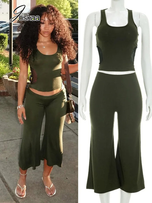 Women's Mesh High Waist Wide Leg Two Piece Set - Women's Fashion Wholesale - Front View