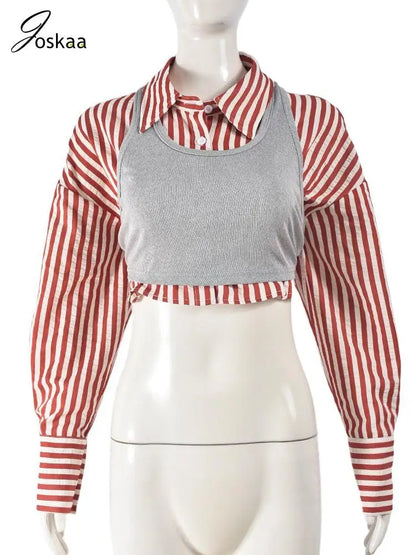Women's Stripe Long Sleeve Crop Two Piece Set Stripe – Back View