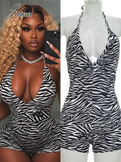 Women's Zebra Print Striped V-neck Halter Romper - Front View