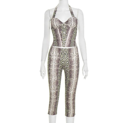 Women's Snake Print Backless Halter Two Piece Set