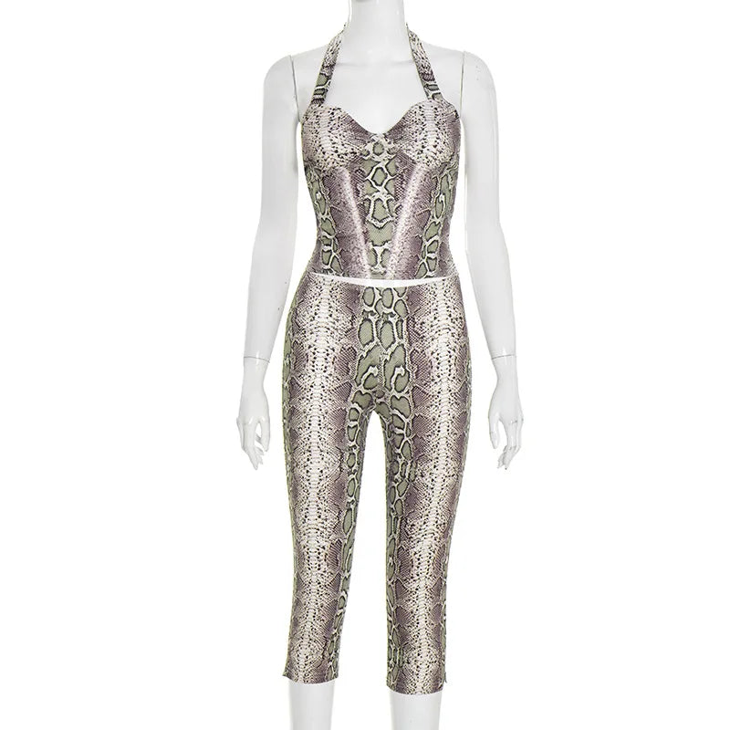 Women's Snake Print Backless Halter Two Piece Set