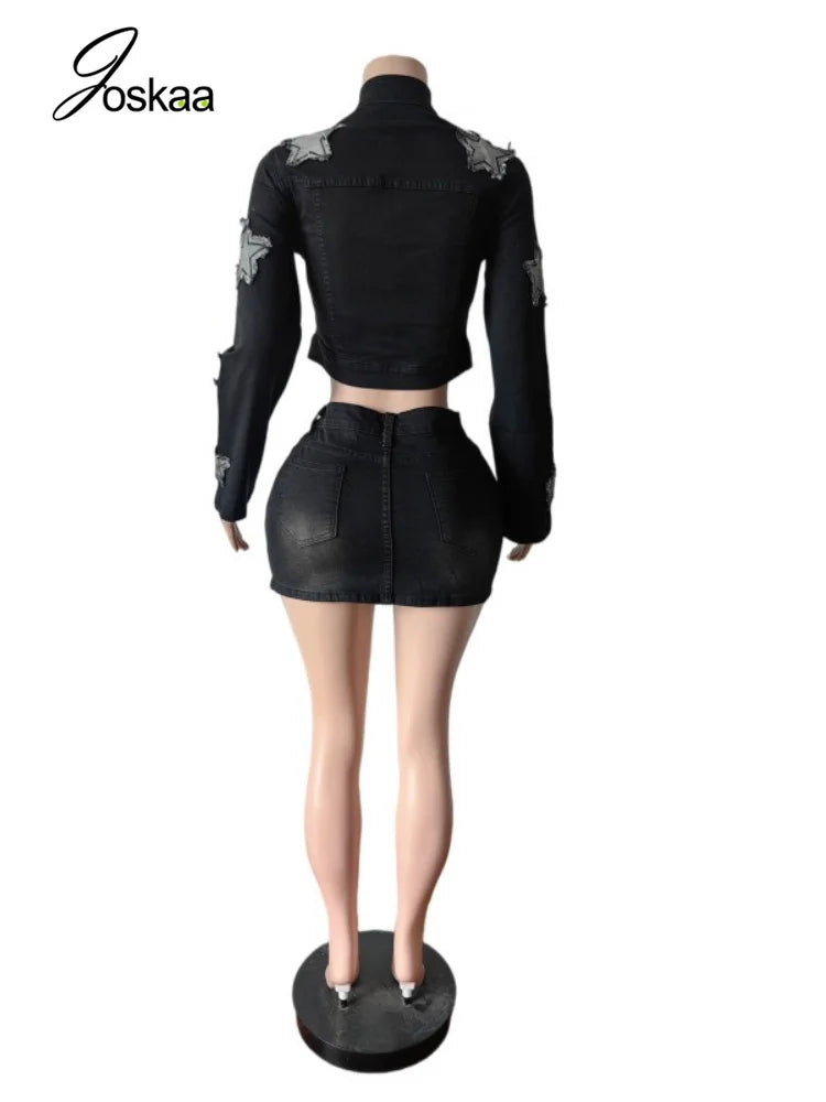 Women's Denim Print Zip Up Long Sleeve High Waist Two Piece Set - Model Wearing Style