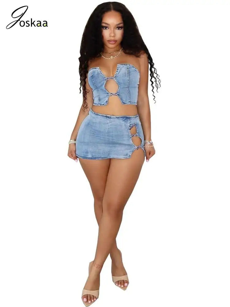 Women's Denim Cutout Strapless Two Piece Set Peacock Blue – Detail View