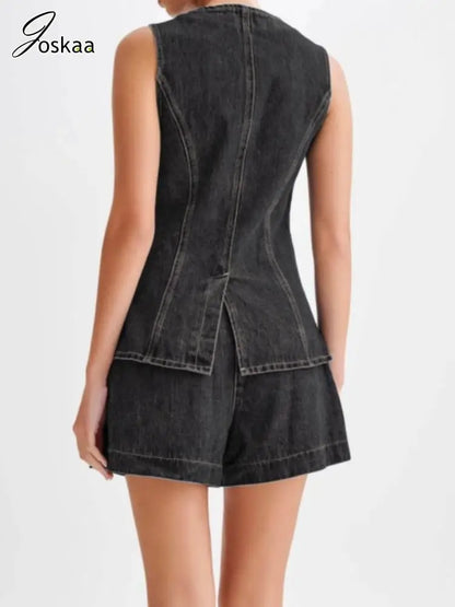 Women's Denim Sleeveless High Waist Two Piece Set Black Sets – Back View