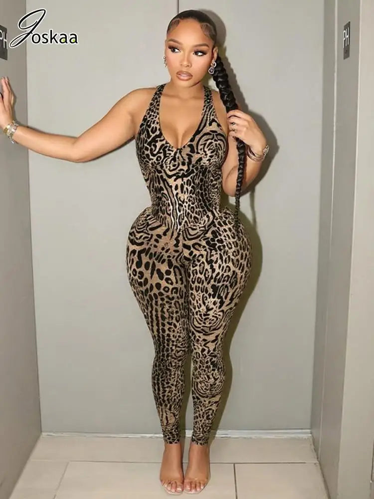 Women's Leopard Print Backless Sleeveless Romper Leopard Print – Front View