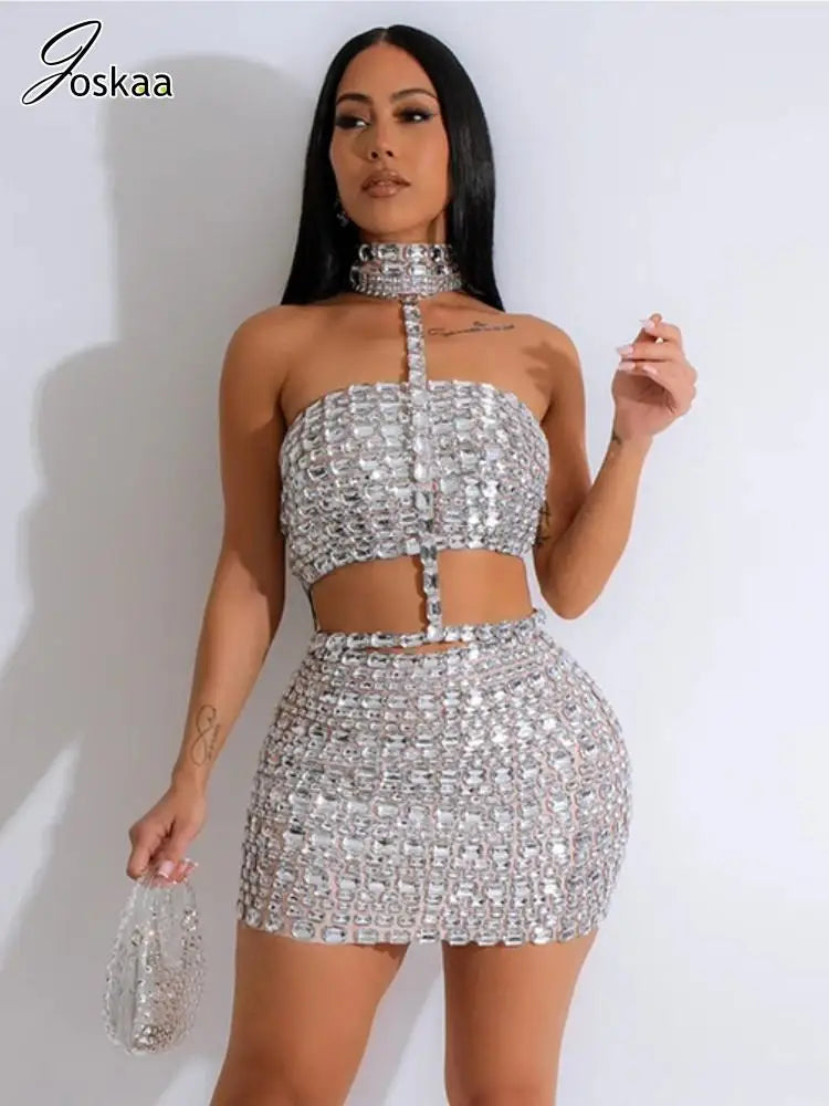 Women's Rhinestone Cutout Halter Two Piece Set Green – Front View