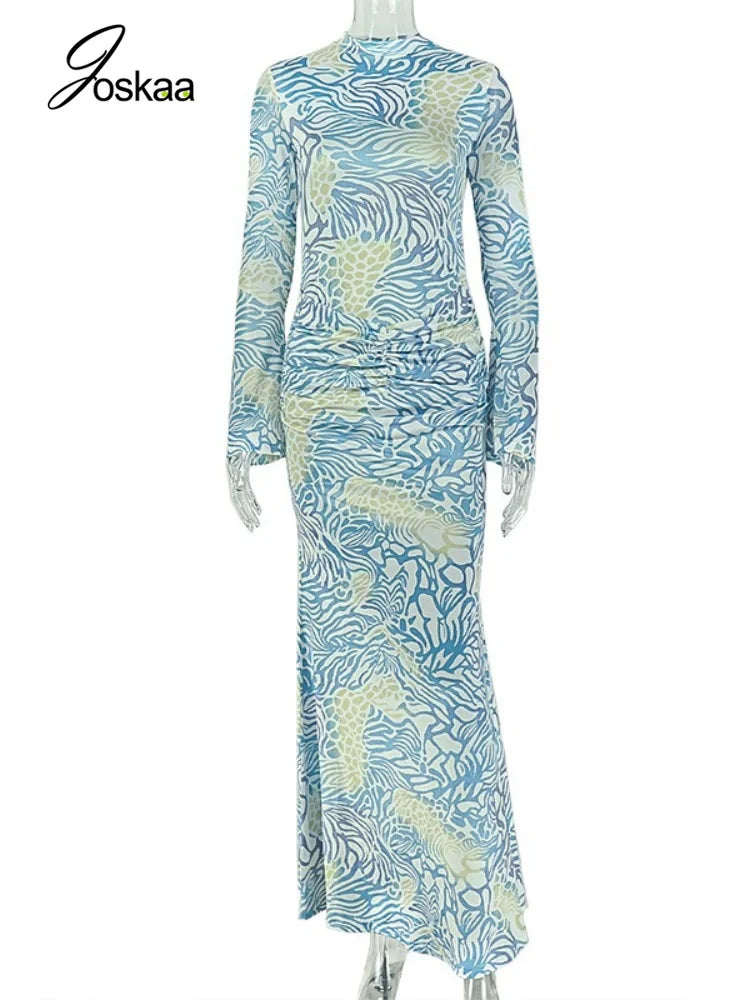 Women's Mesh Ruched Long Sleeve Bodycon Maxi Dress - Back View