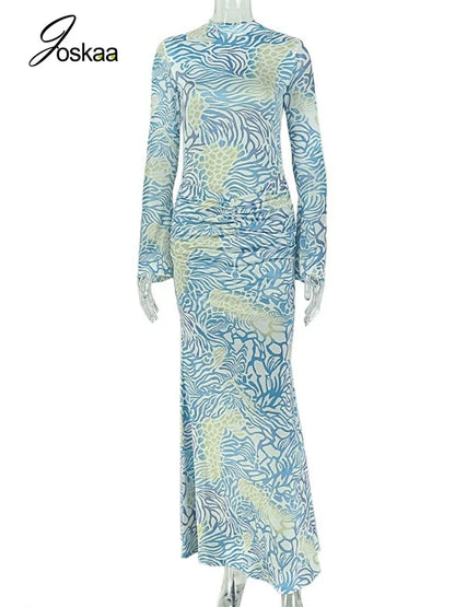 Women's Mesh Ruched Long Sleeve Bodycon Maxi Dress - Back View
