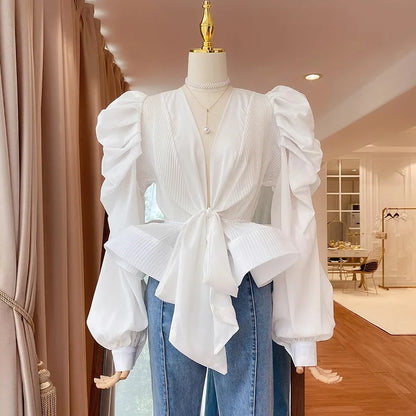 Women's Lace Short Sleeve Vintage Puff Blouse Top