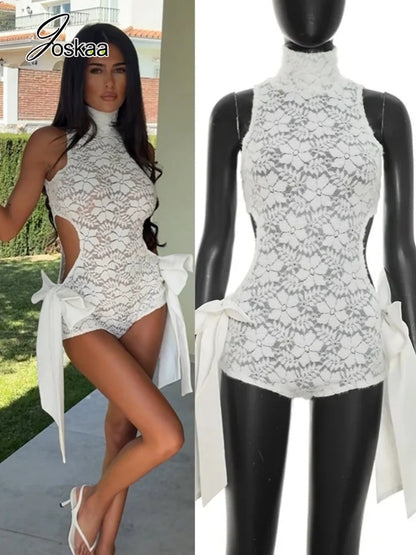 Women's Floral Print Lace Mesh Cutout Romper – Women's Fashion Wholesale – Front View