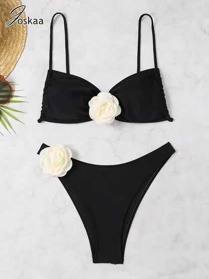 Women's Floral Print Swimwear Flower Piece Bikini Set Black – Detail View