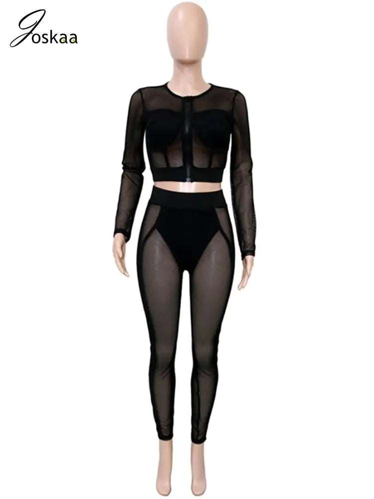 Women's Mesh Long Sleeve Crop Two Piece Set White – Back View