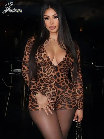 Women's Leopard Print Long Sleeve Bodycon Romper Leopard Print – Front View