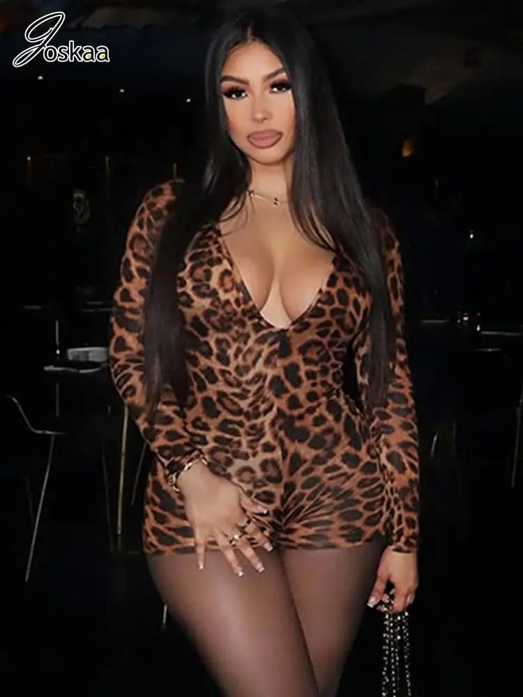 Women's Leopard Print Long Sleeve Bodycon Romper Leopard Print – Front View