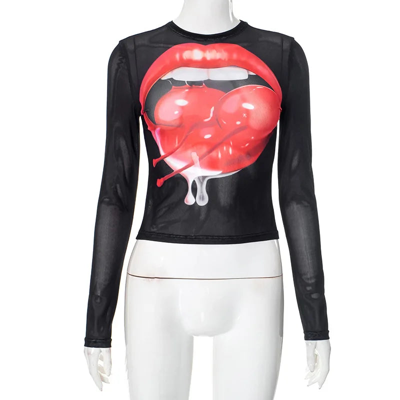 Women's Mesh Long Sleeve T-shirts Round Top