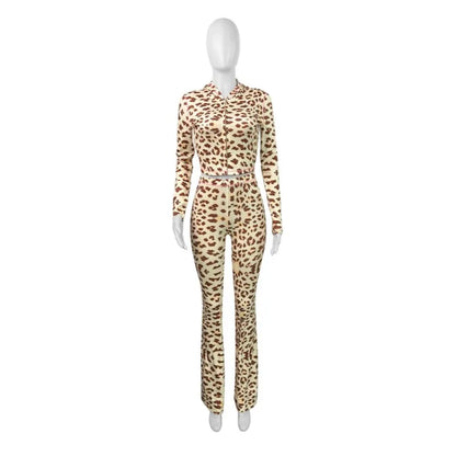 Women's Leopard Print Long Sleeve Two Piece Set