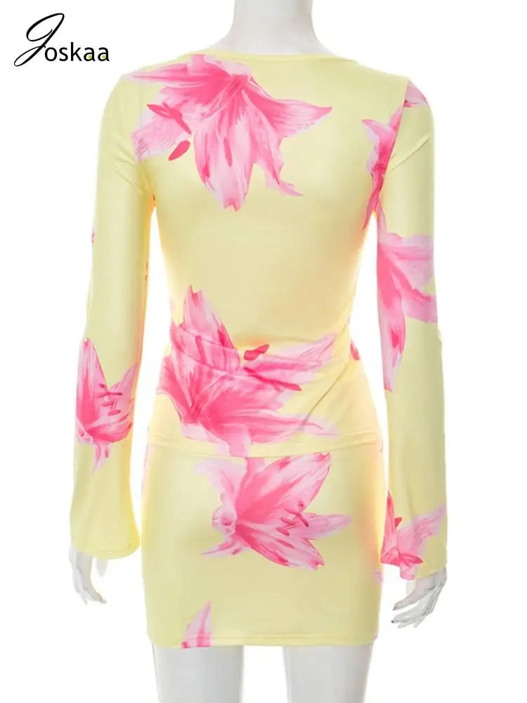 Women's Floral Print Long Sleeve Bodycon Two Piece Set Yellow – Detail View
